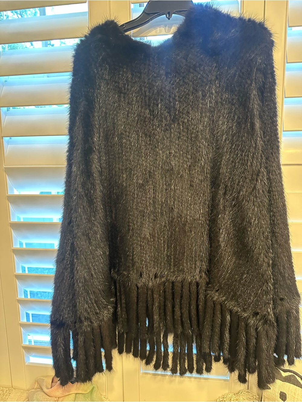 Cozy Black MINK hooded fringe poncho